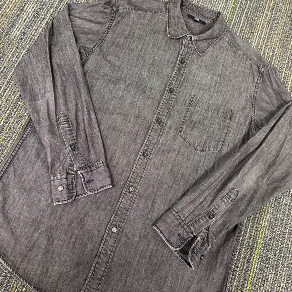 Uniqlo Button Down Shirt Mens XL Gray Excellent Cotton Long Sleeve Pocket Top